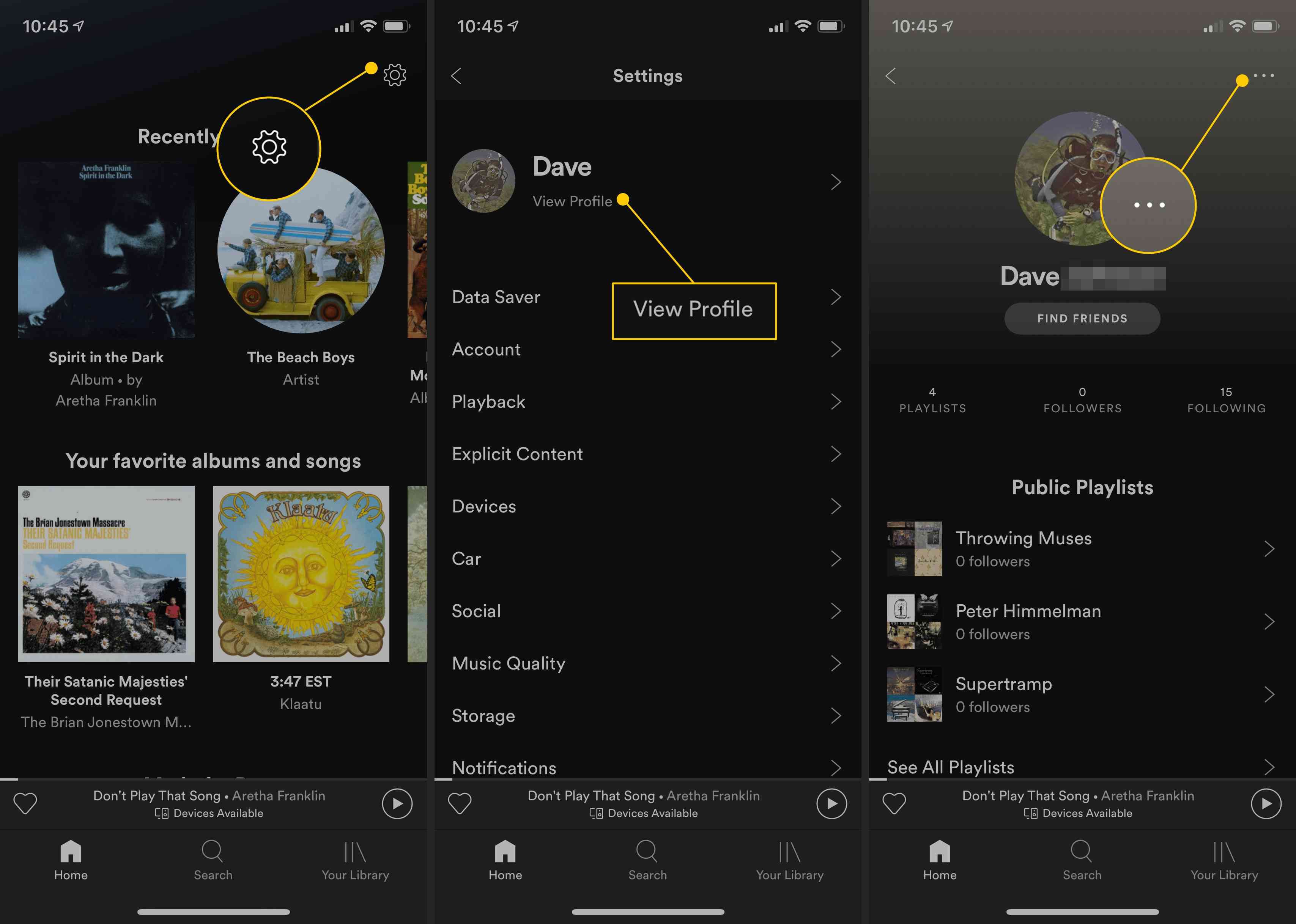 Значок шестеренки, кнопка «Просмотреть профиль», трехточечное меню в мобильном приложении Spotify