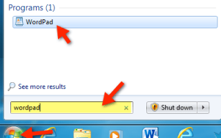 Запустите WordPad в Windows 7 с помощью поиска