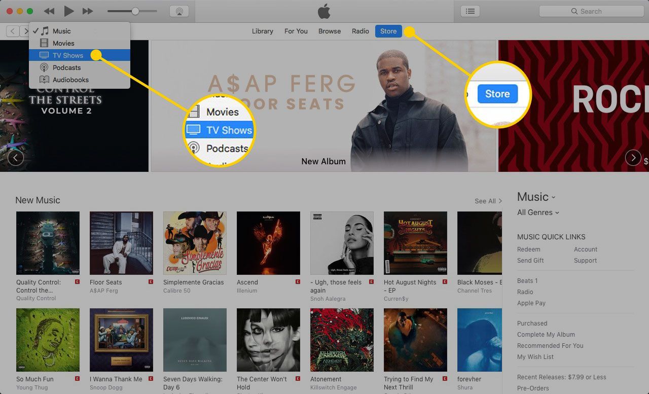 iTunes открывается на Mac с выделенными разделами телешоу и магазина