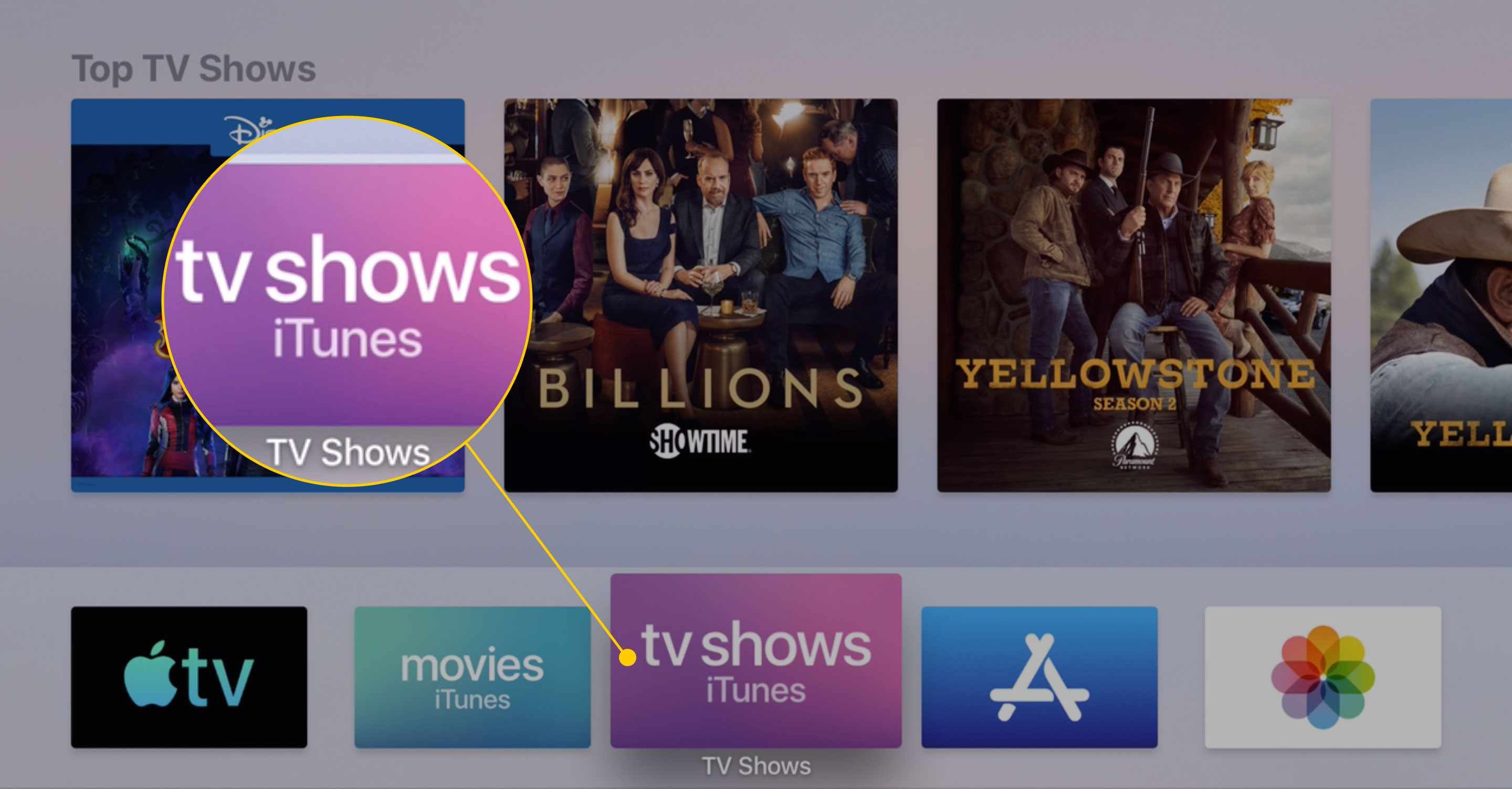 Главный экран Apple TV с выделенным приложением TV Shows iTunes