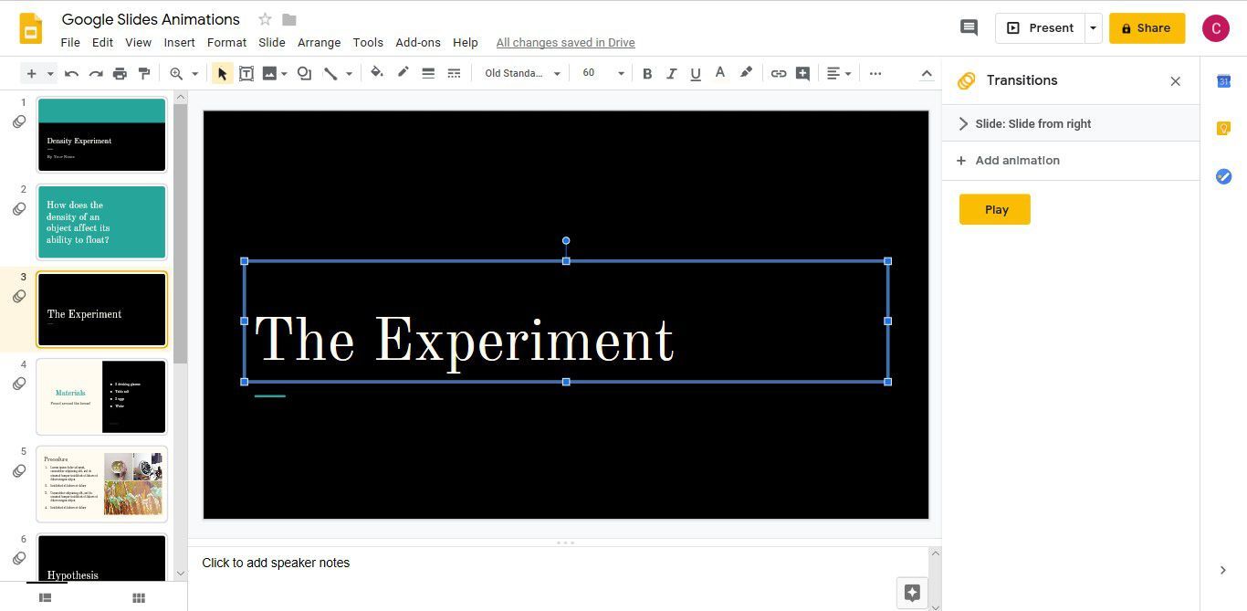 Снимок экрана, показывающий, как применить анимацию к слайду в Google Slides