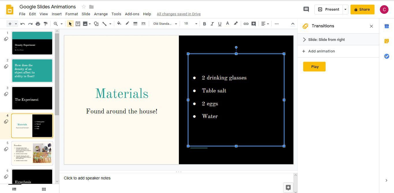 Снимок экрана, показывающий, как анимировать маркированный список в Google Slides