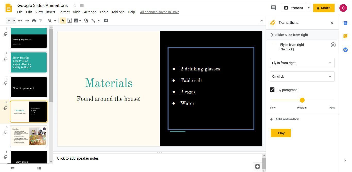 Снимок экрана, показывающий, как создать анимацию для маркированного списка в Google Slides