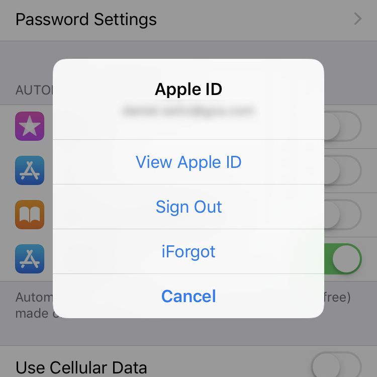 Всплывающее окно в приложении «Настройки» на iPhone для Apple ID