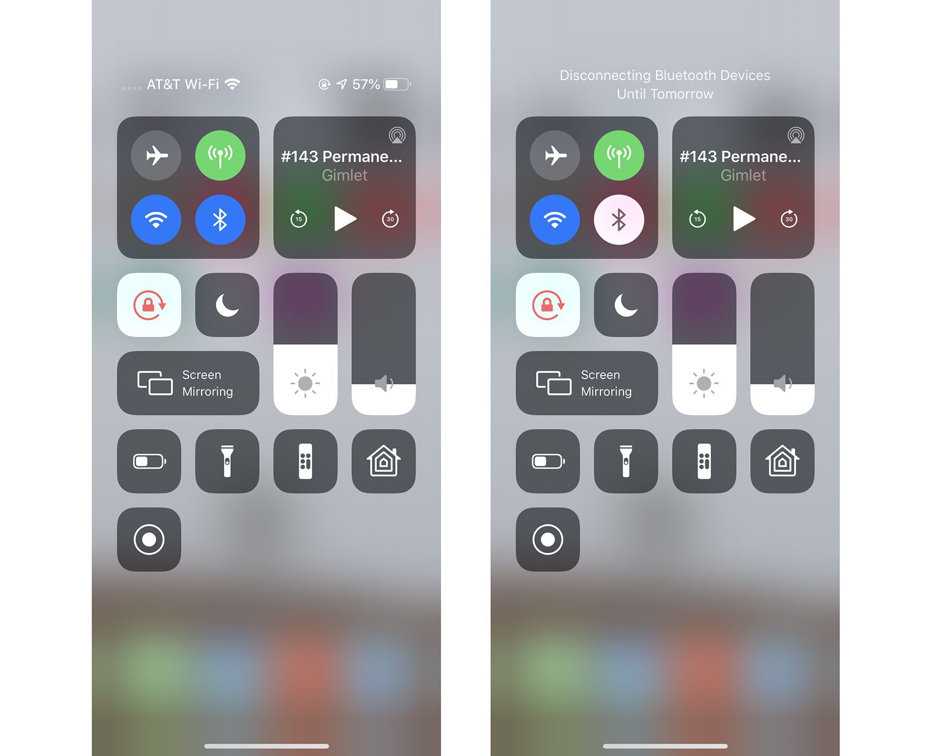 Скриншоты включения и выключения Bluetooth в iPhone Control Center
