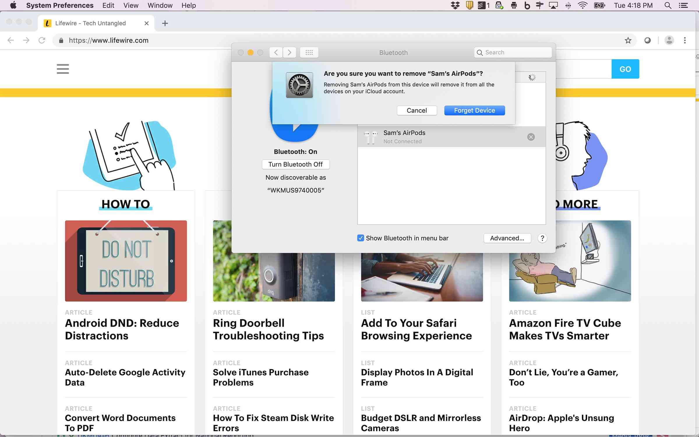 Снимок экрана удаления AirPods из настроек Bluetooth на Mac