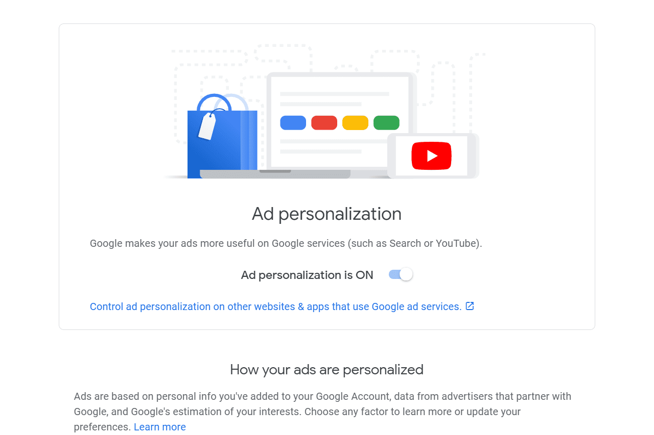 Экран персонализации рекламы в аккаунте Google