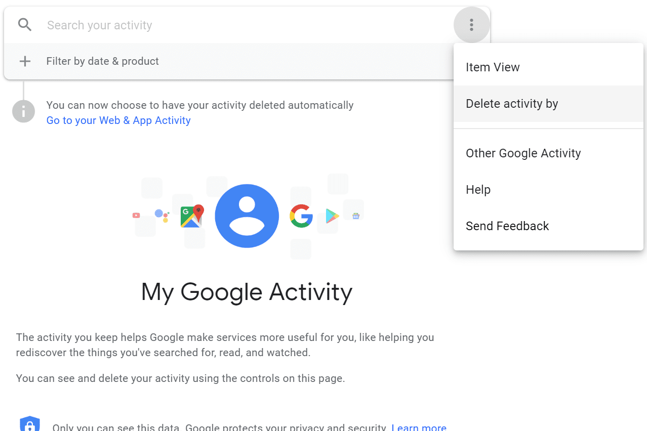Google Удалить активность по опции в учетной записи Google