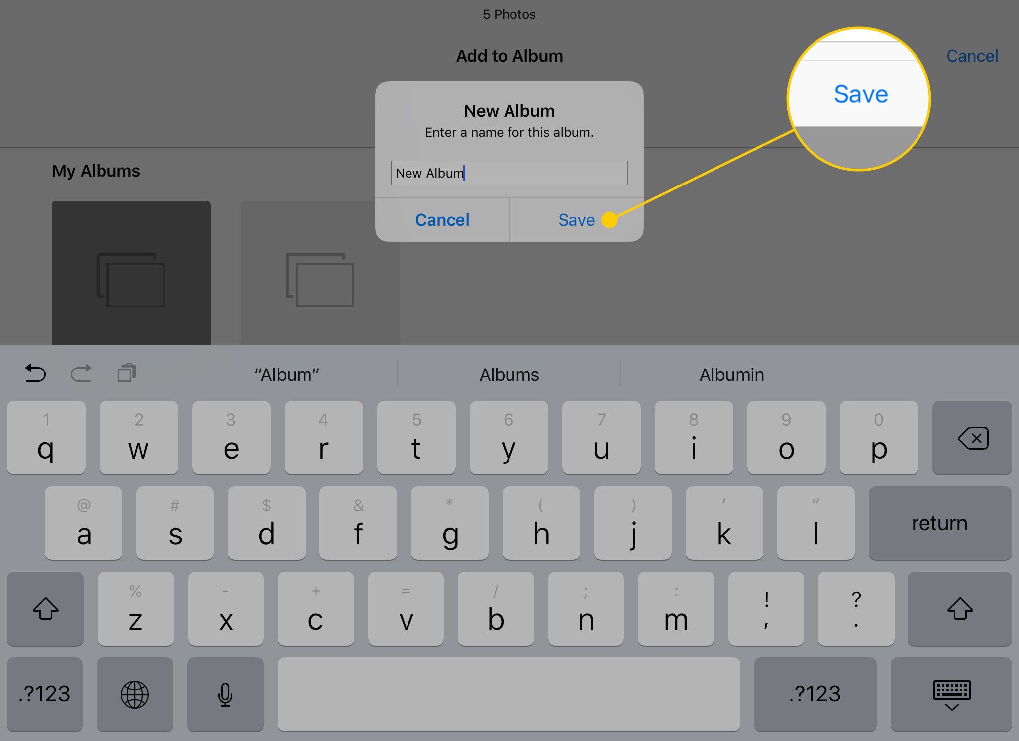 Всплывающее окно «Новый альбом» в приложении «Фотографии на iPad» с выделенной кнопкой «Сохранить»