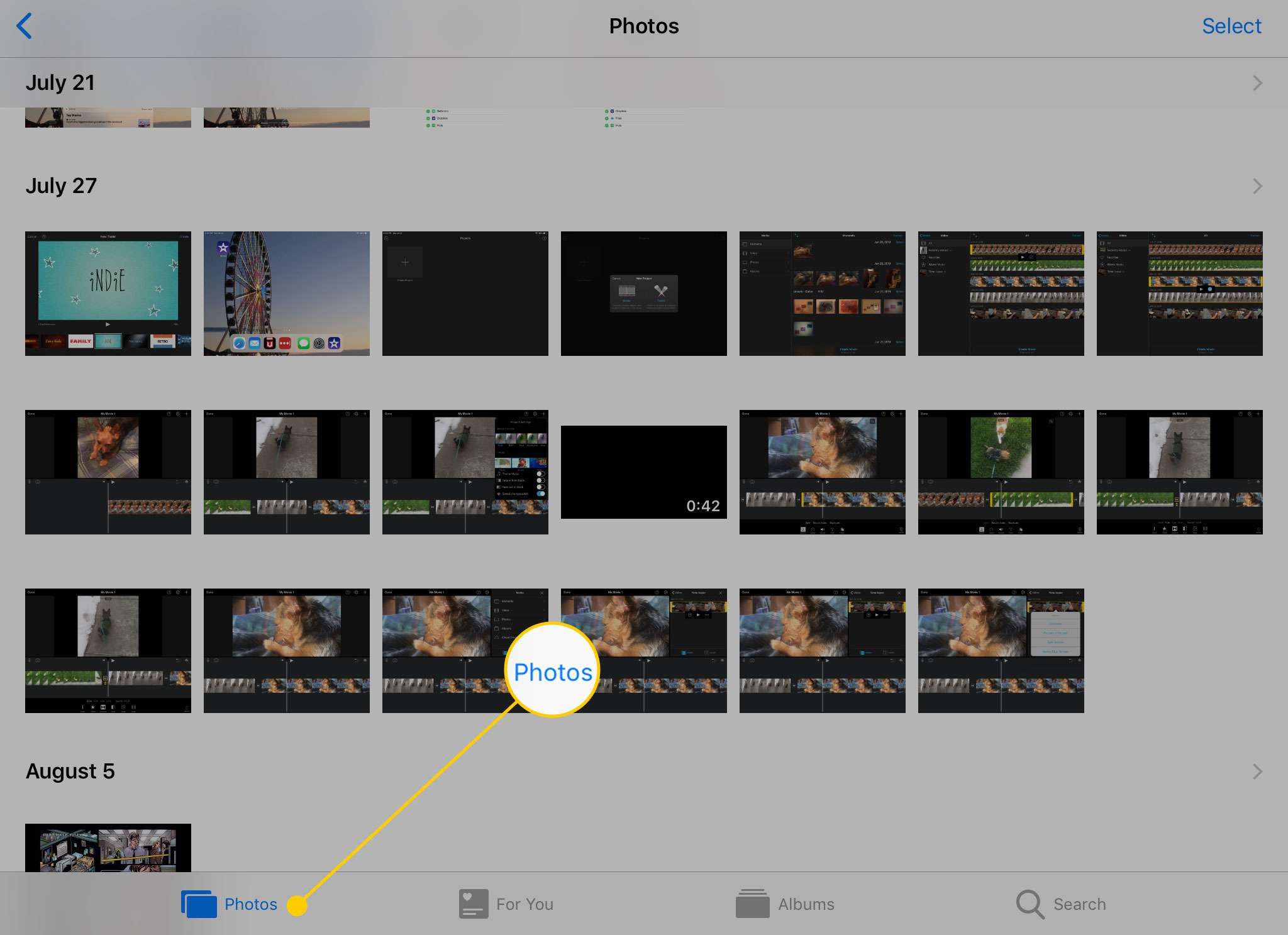 Вкладка «Фотографии» в приложении «Фотографии» на iPad