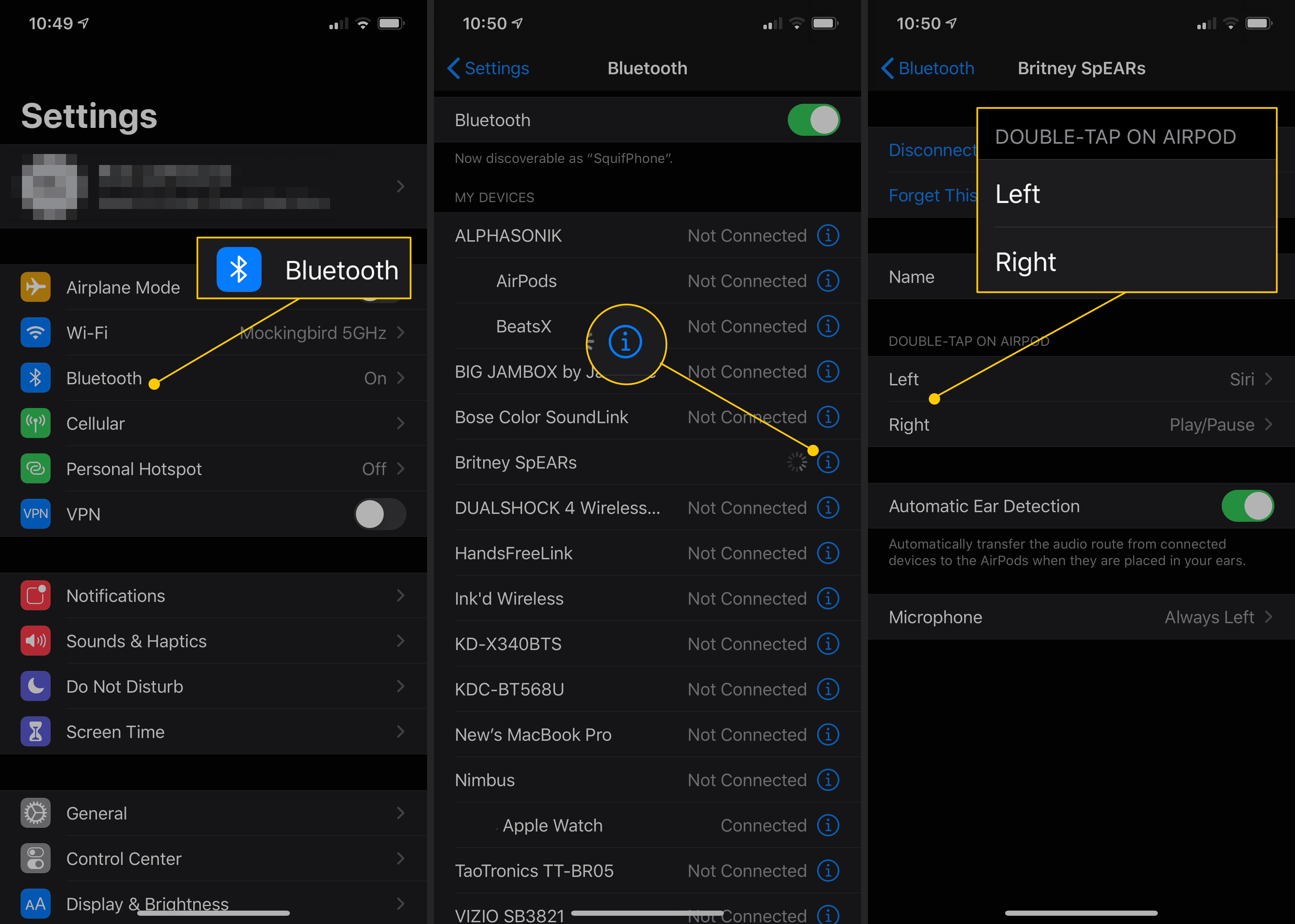 Bluetooth, кнопка «Информация», двойное нажатие на опции Airpod в настройках iOS