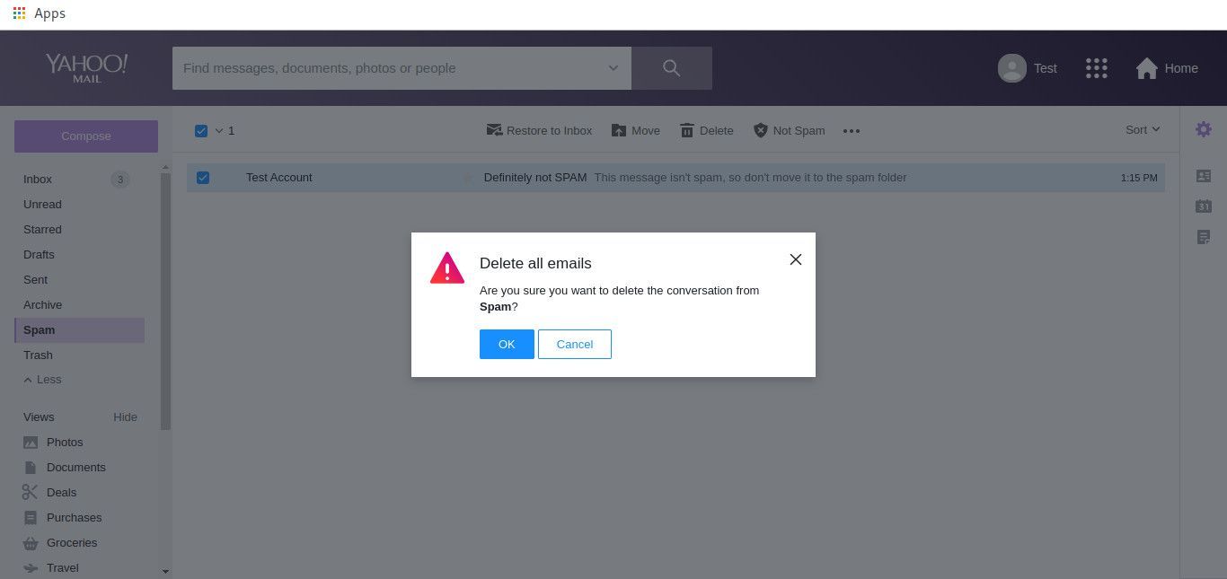 Yahoo Mail подтверждает удаление спама