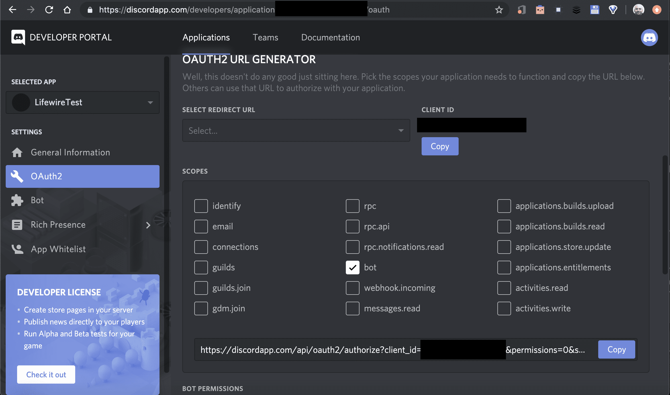 снимок экрана генератора URL-адресов OAUTH2 на портале разработчика Discord