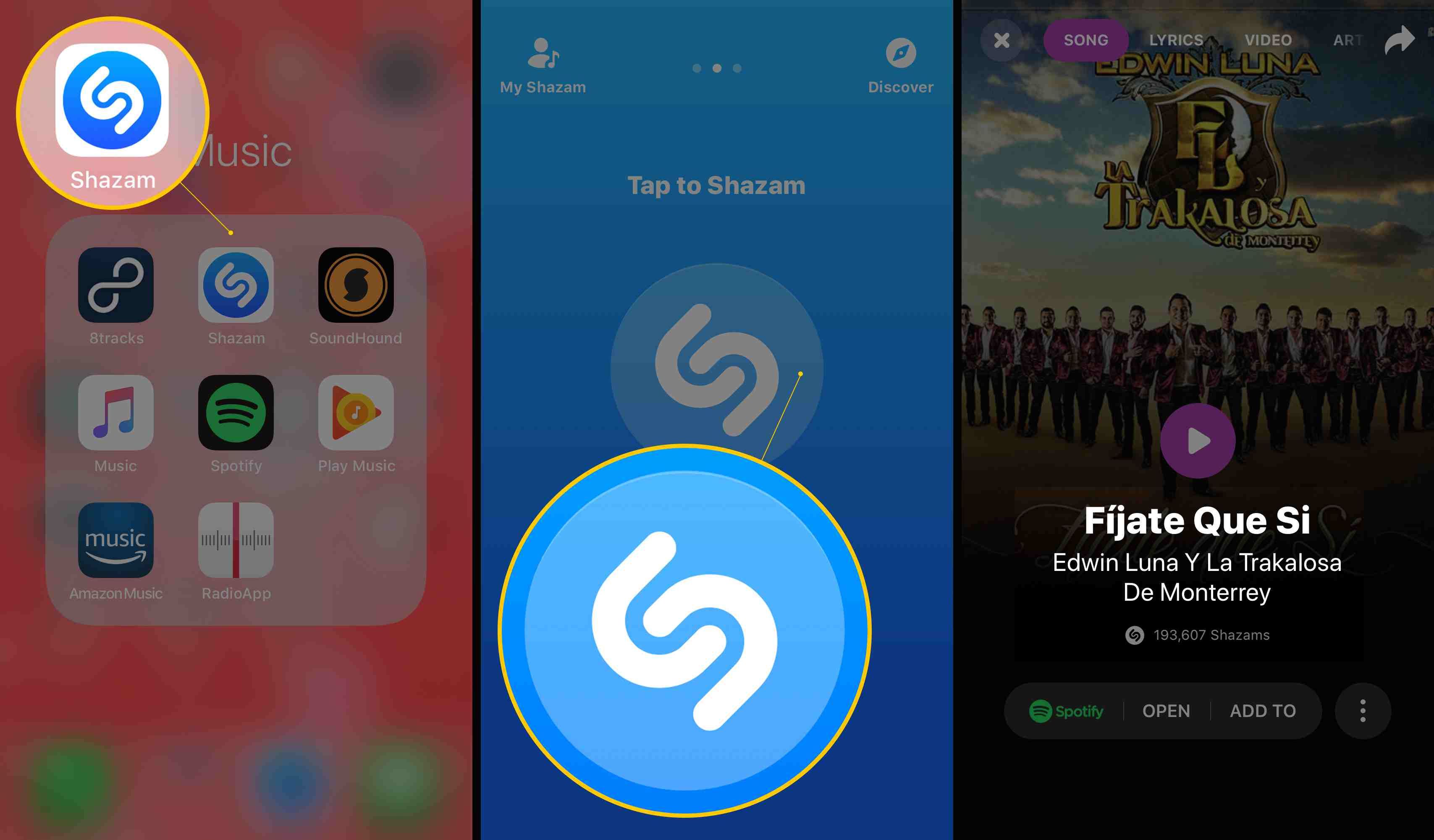 Три экрана iOS, показывающие значок Shazam, Tap to Shazam и найденную песню (Fijate Que Si)