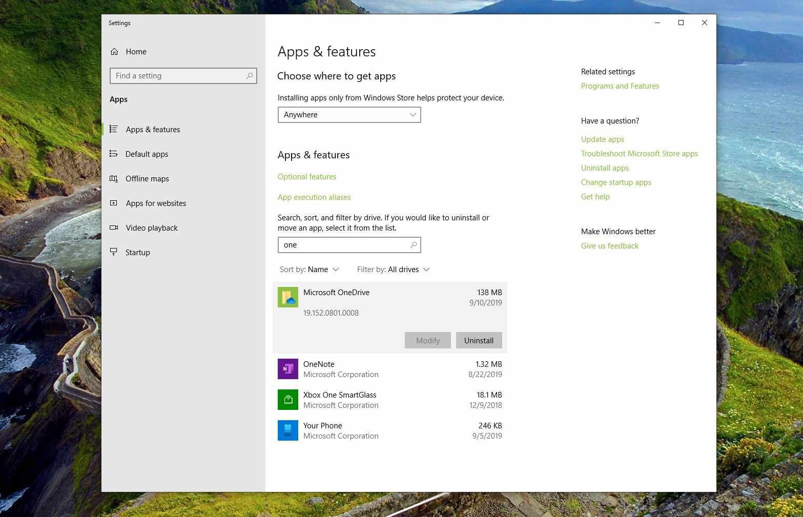 Снимок экрана Microsoft OneDrive в приложениях и функциях