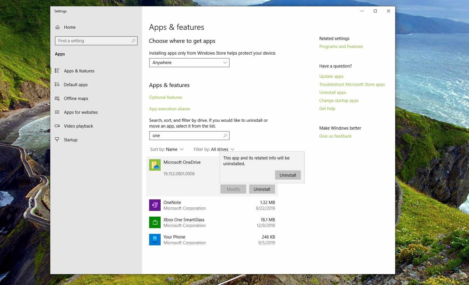 Снимок экрана удаления из Microsoft OneDrive в приложениях и функциях