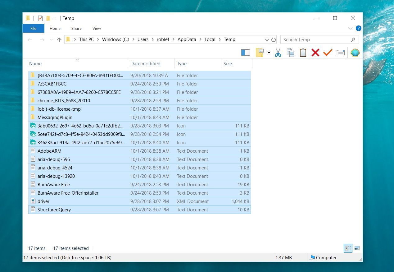 Выделенные файлы в папке Windows 10 Temp