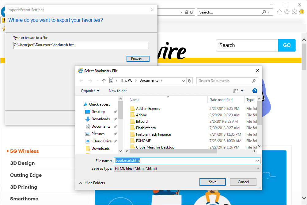 Выберите приглашение «Файл закладки» в Internet Explorer