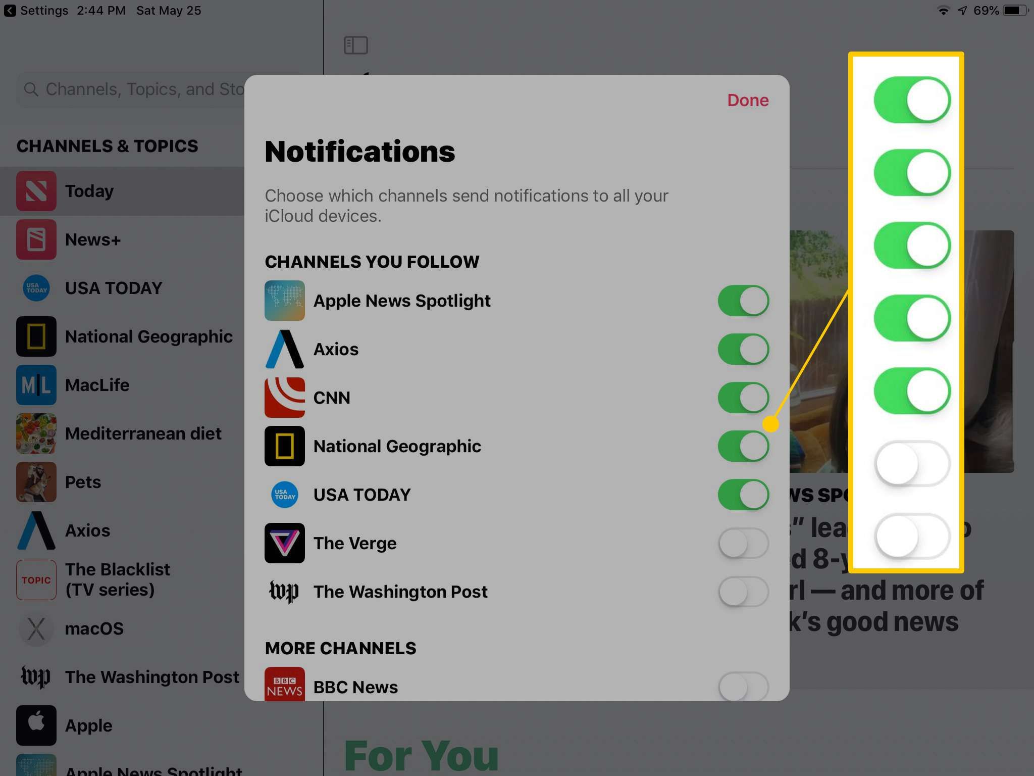 Уведомление о новостях переключается в настройках iOS на iPad