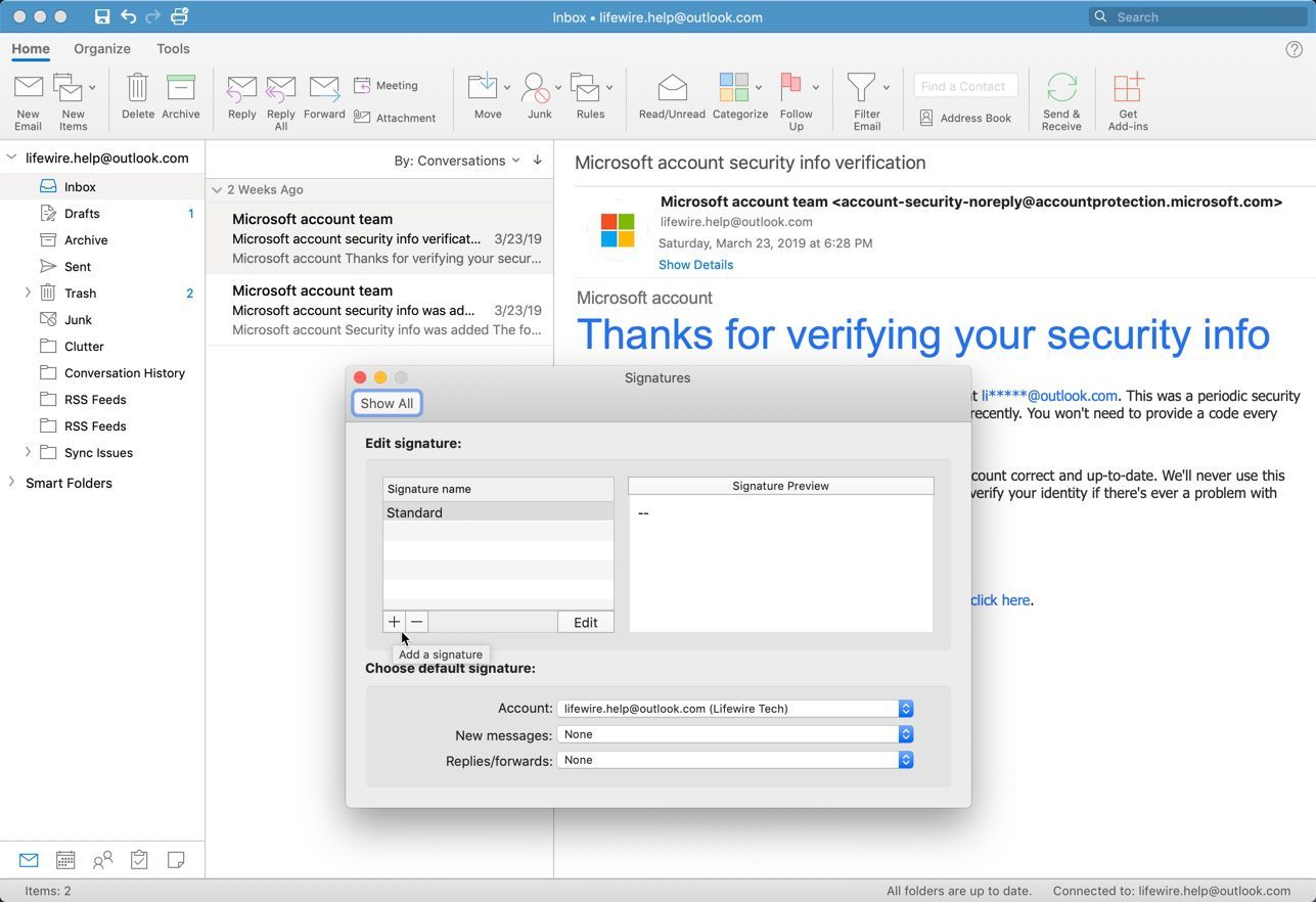 Окно Outlook для Mac Подписи и кнопка Добавить подпись