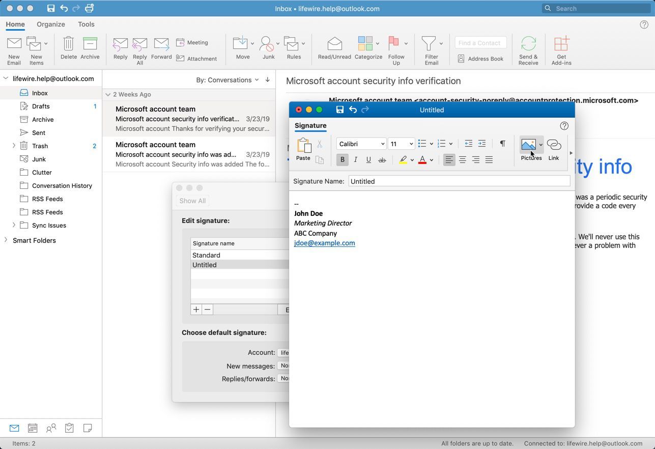 Outlook для Mac создать окно подписи