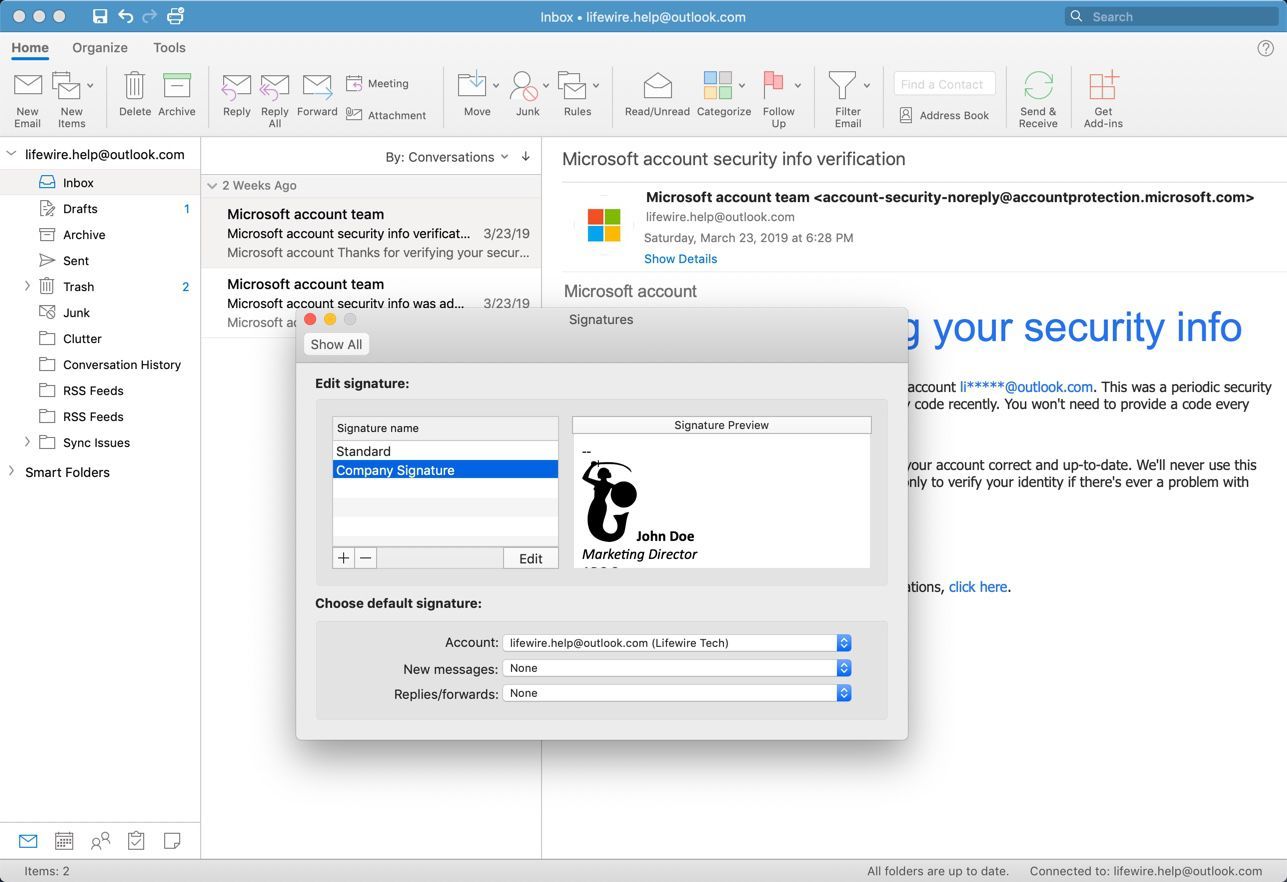 Outlook для Mac недавно созданная подпись