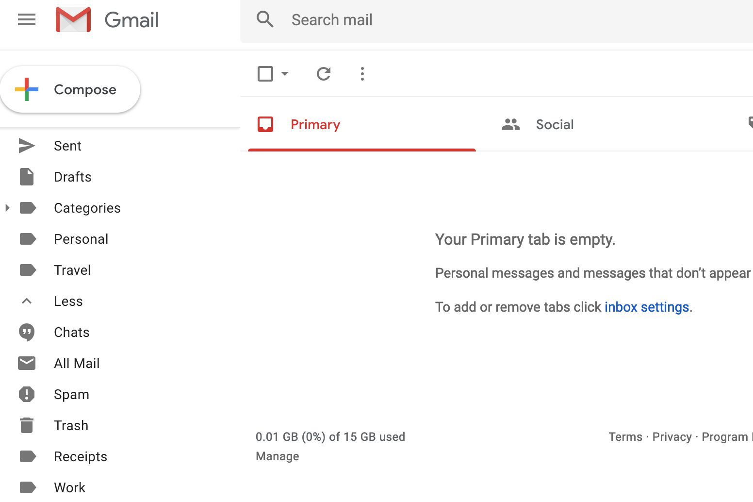 Экран Gmail с расширенными ярлыками