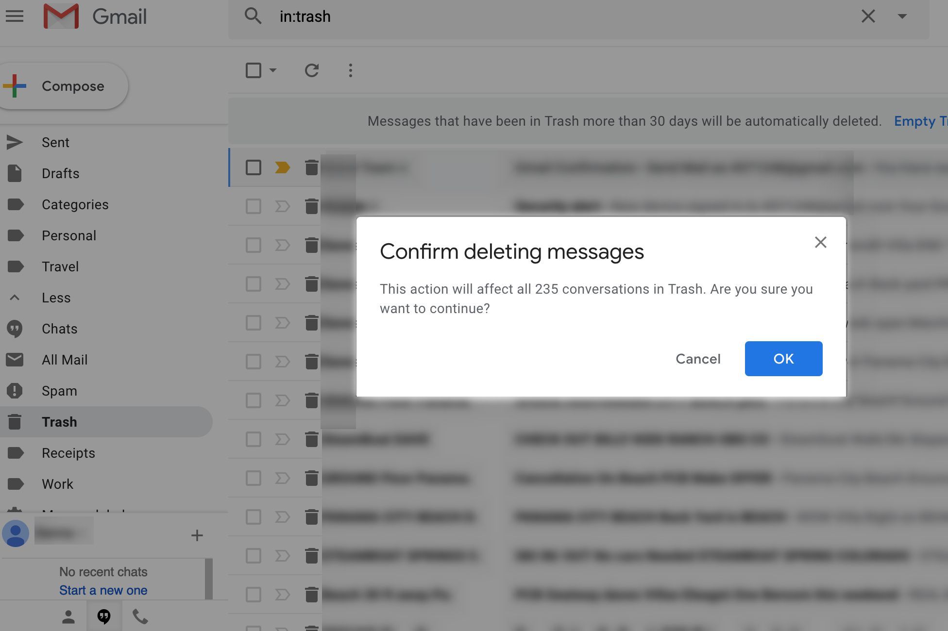 Подтвердите удаление сообщения в Gmail