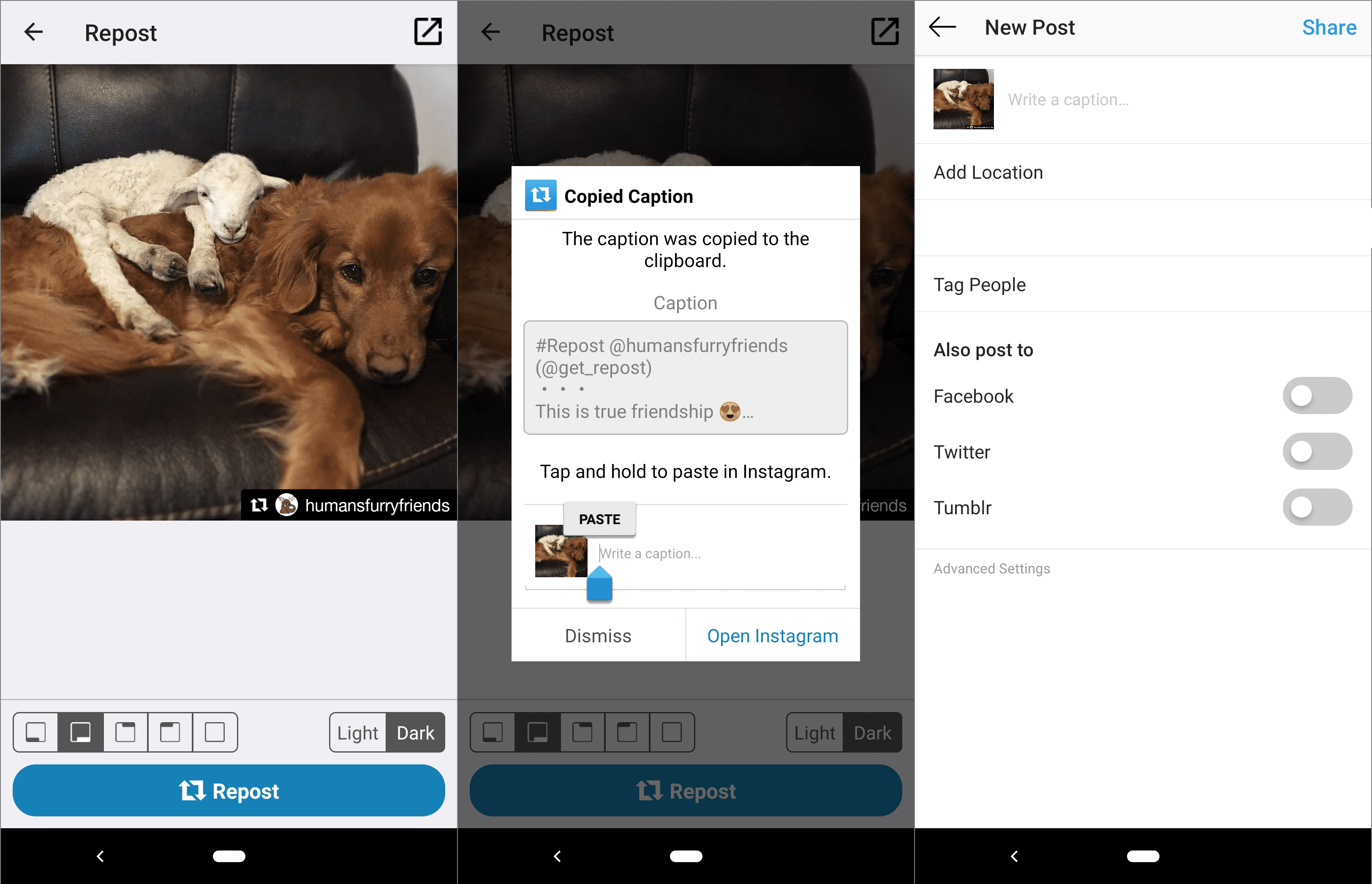 Снимки экрана, показывающие, как использовать приложение Android Repost для повторного обмена изображениями в Instagram
