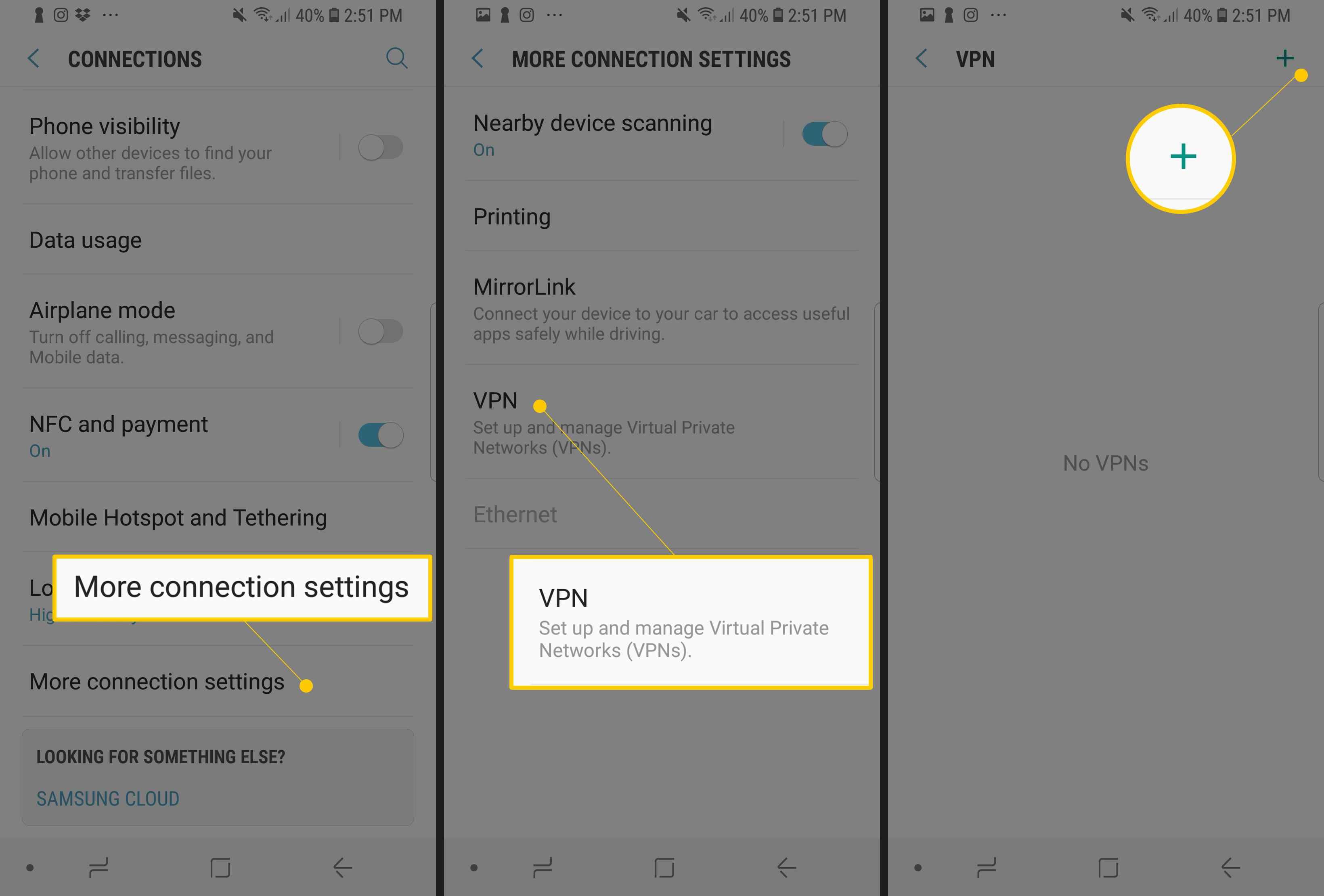 Три экрана Android из Pixel 3, на которых отображаются дополнительные параметры подключения, VPN и кнопка «Плюс»