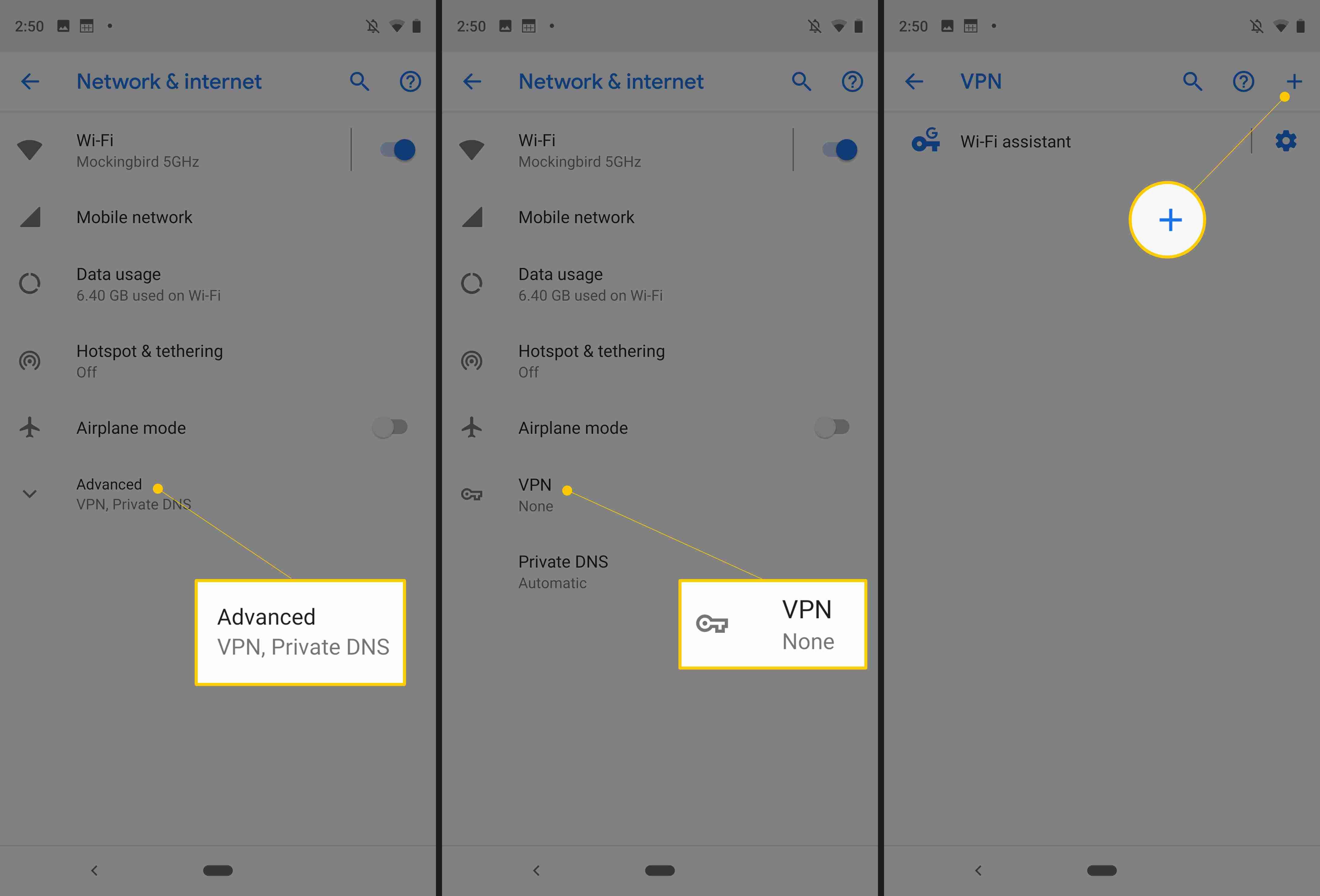 Три экрана Android от устройства Samsung с кнопками Advanced, VPN и Plus