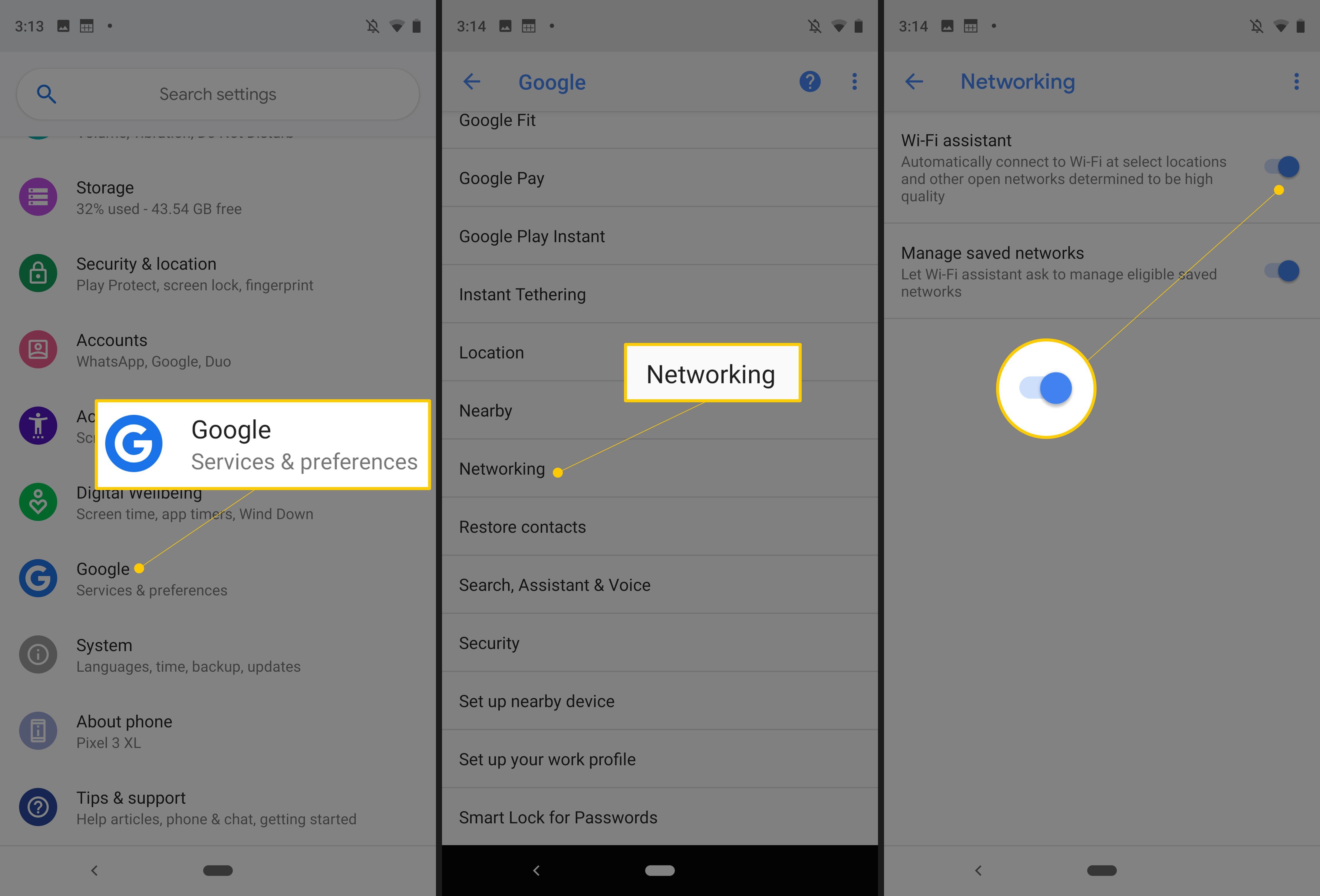 Службы и настройки Google, сеть и помощник по Wi-Fi включаются на трех экранах Android с Pixel 3 XL
