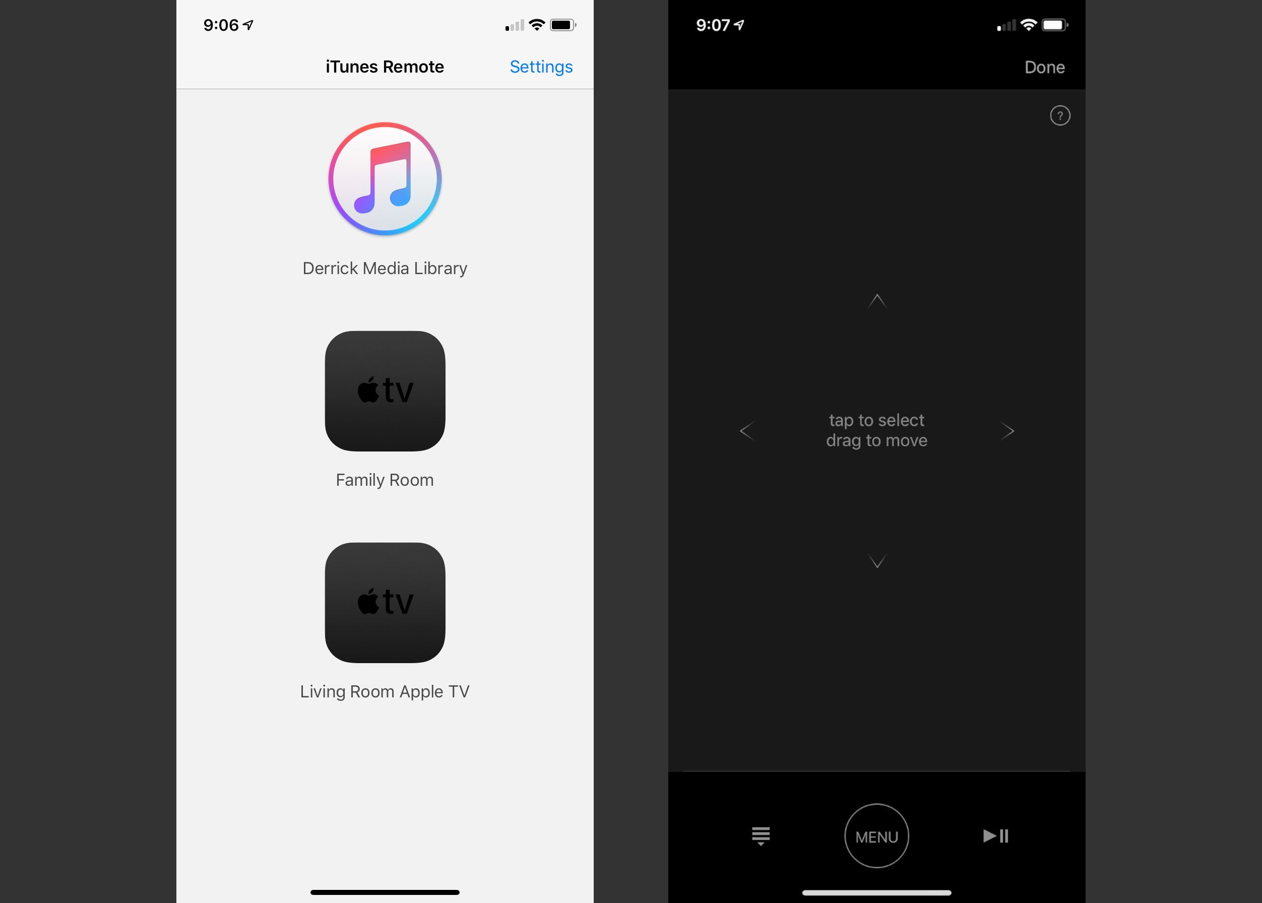 Скриншоты элементов управления выбором и прокруткой телевизора в приложении Apple TV Remote.