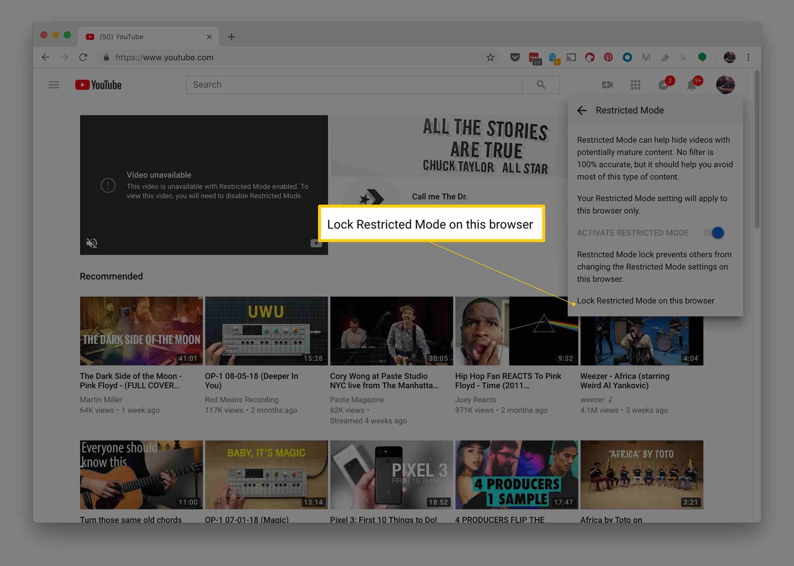 Заблокируйте ограниченный режим по этой ссылке в браузере в меню настроек YouTube.