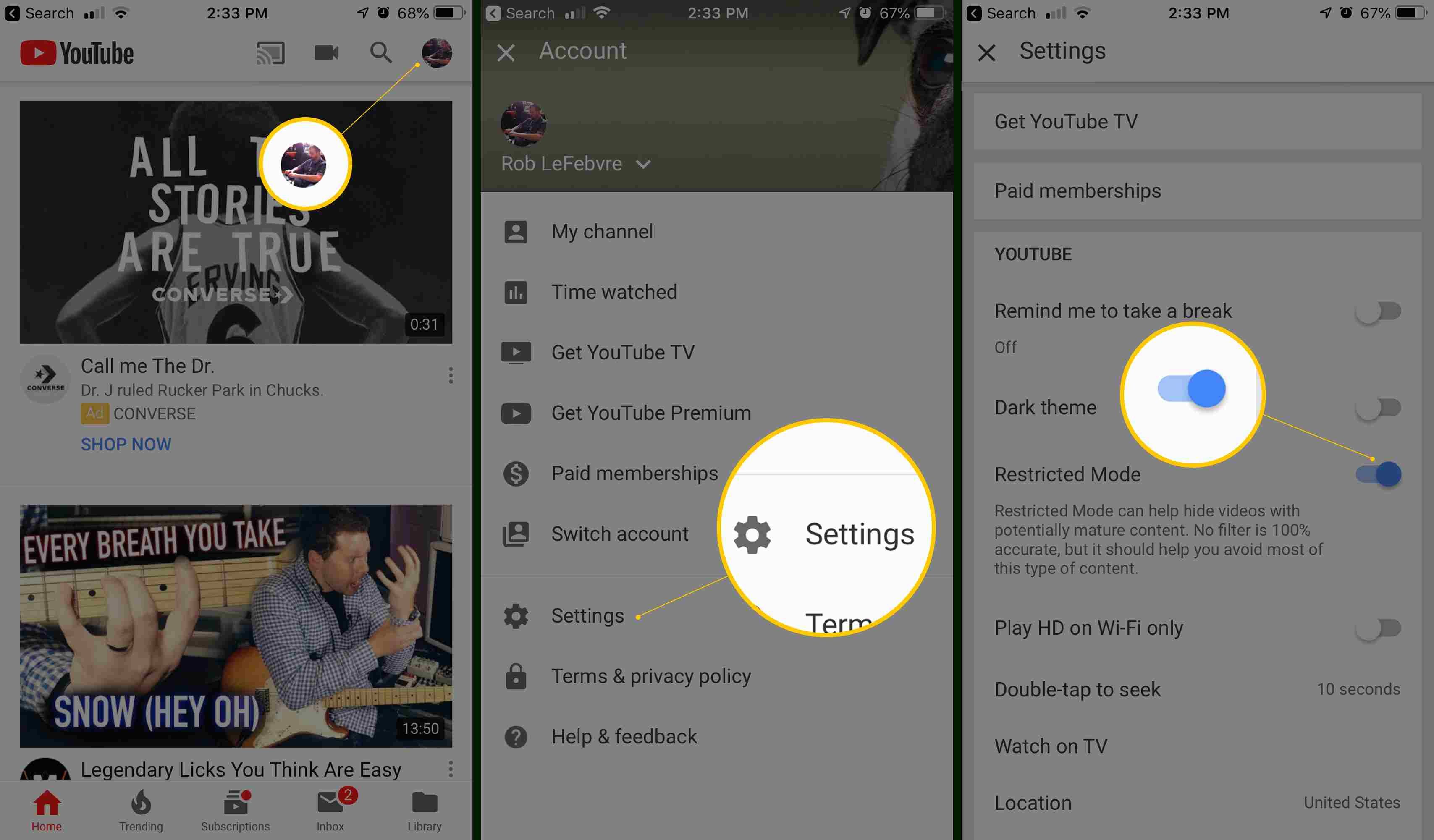 Три экрана iOS, на которых отображается значок профиля, кнопка «Настройки» и переключатель «Ограниченный режим»