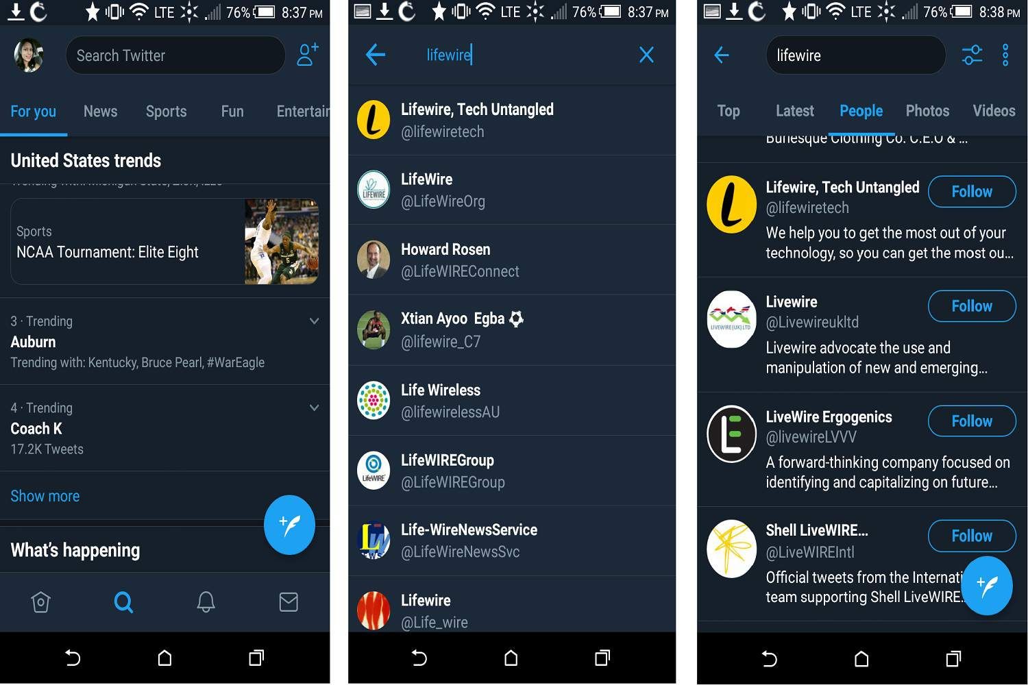 Серия скриншотов, показывающая, как искать по имени в Twitter's mobile app on an Android phone.