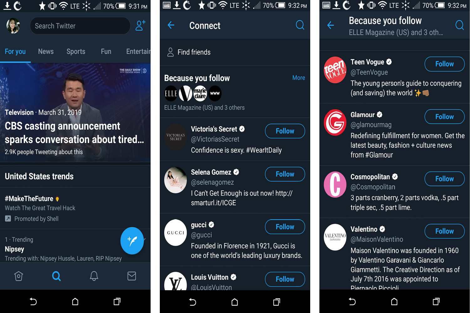 Серия снимков экрана, показывающая, как использовать функцию вкладки «Подключиться» в мобильном приложении Twitter на телефоне Android.