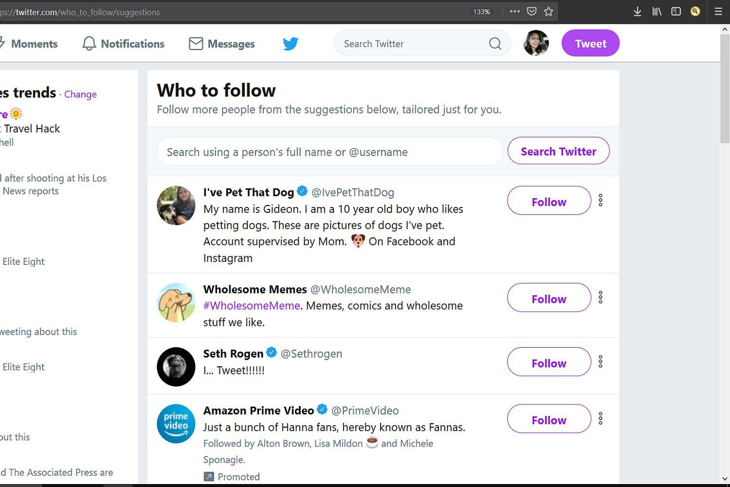 Скриншот Twitter's Who to Follow suggestions page on the Twitter desktop website.