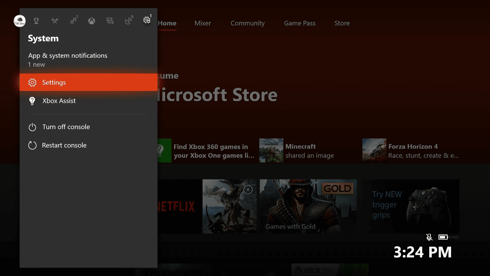 Скриншот меню системных настроек Xbox One.