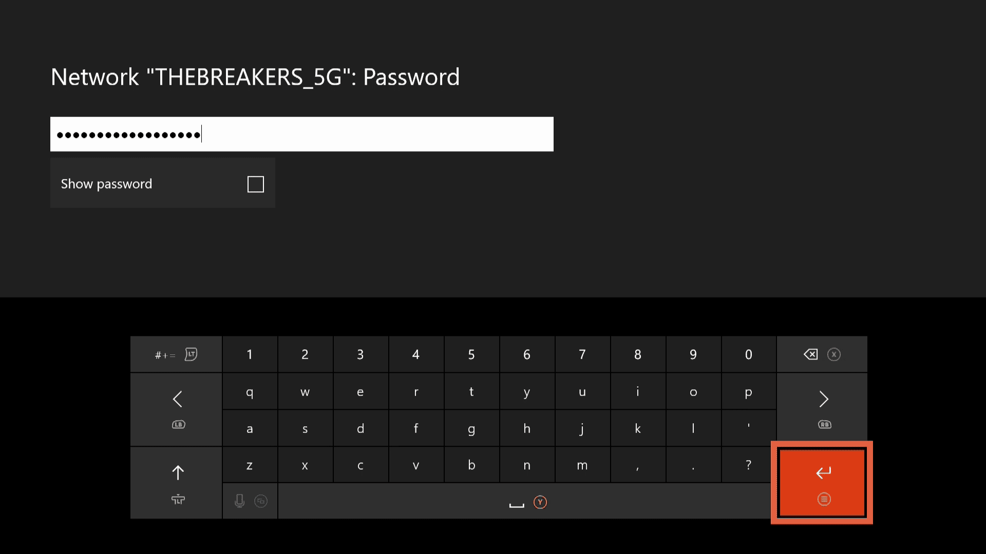 Снимок экрана экрана пароля беспроводной сети Xbox One.