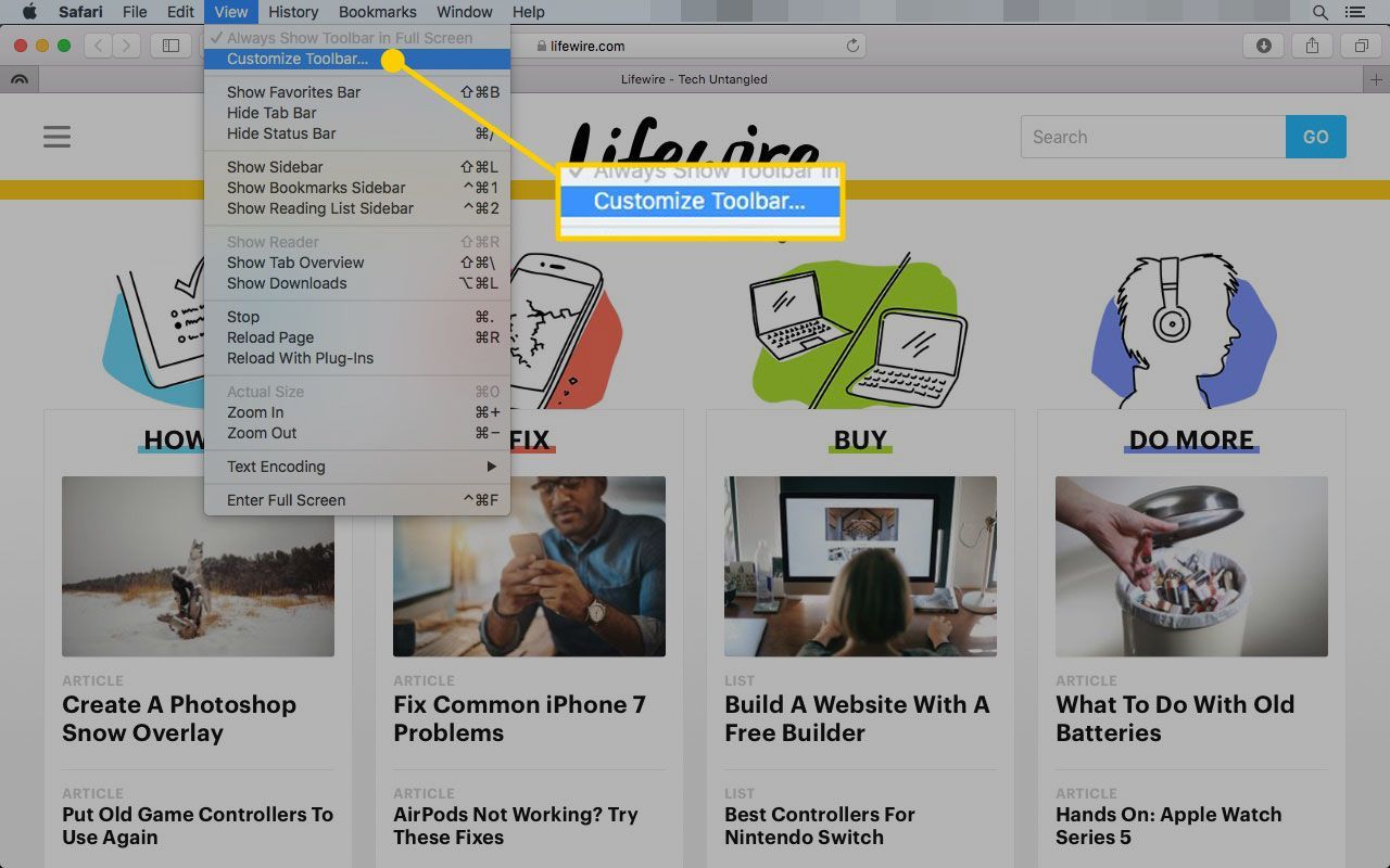 Safari на Mac с выделенной командой «Настроить панель инструментов»