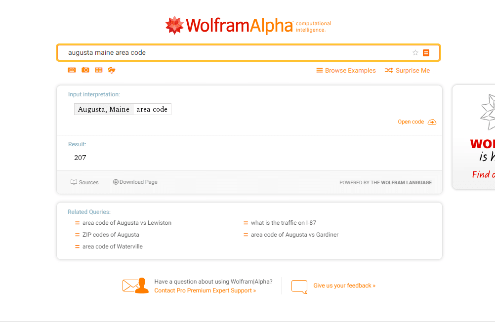 Wolfram Alpha поиск кода города