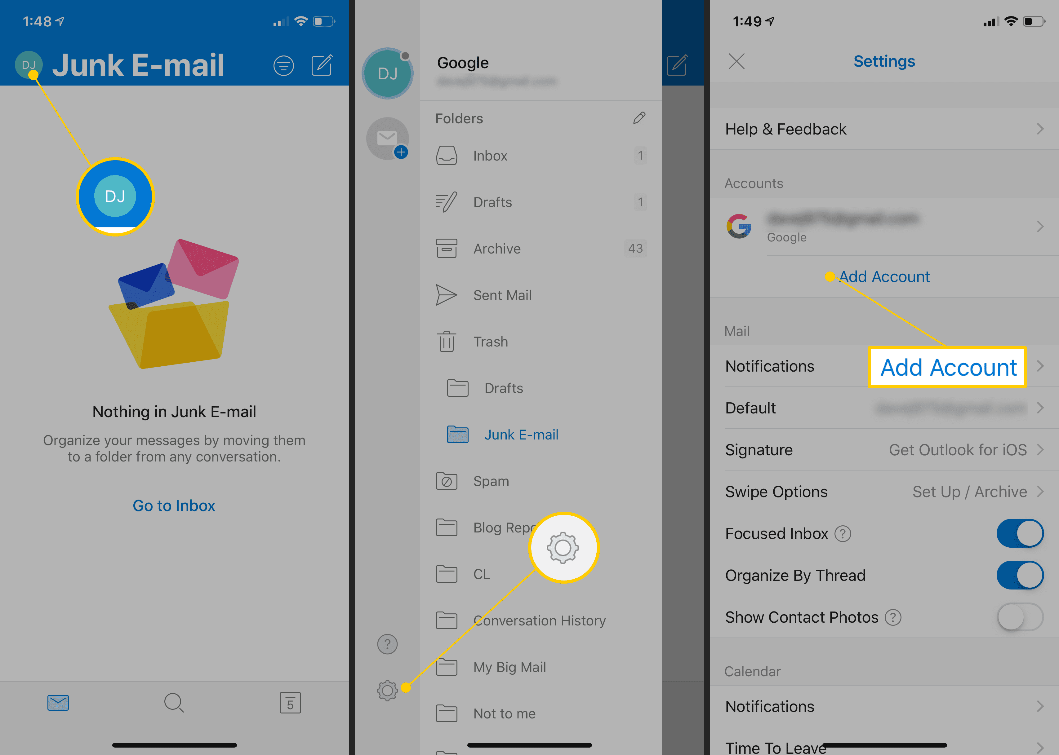 Значок профиля, значок шестеренки, кнопка «Добавить учетную запись» в Outlook mobile
