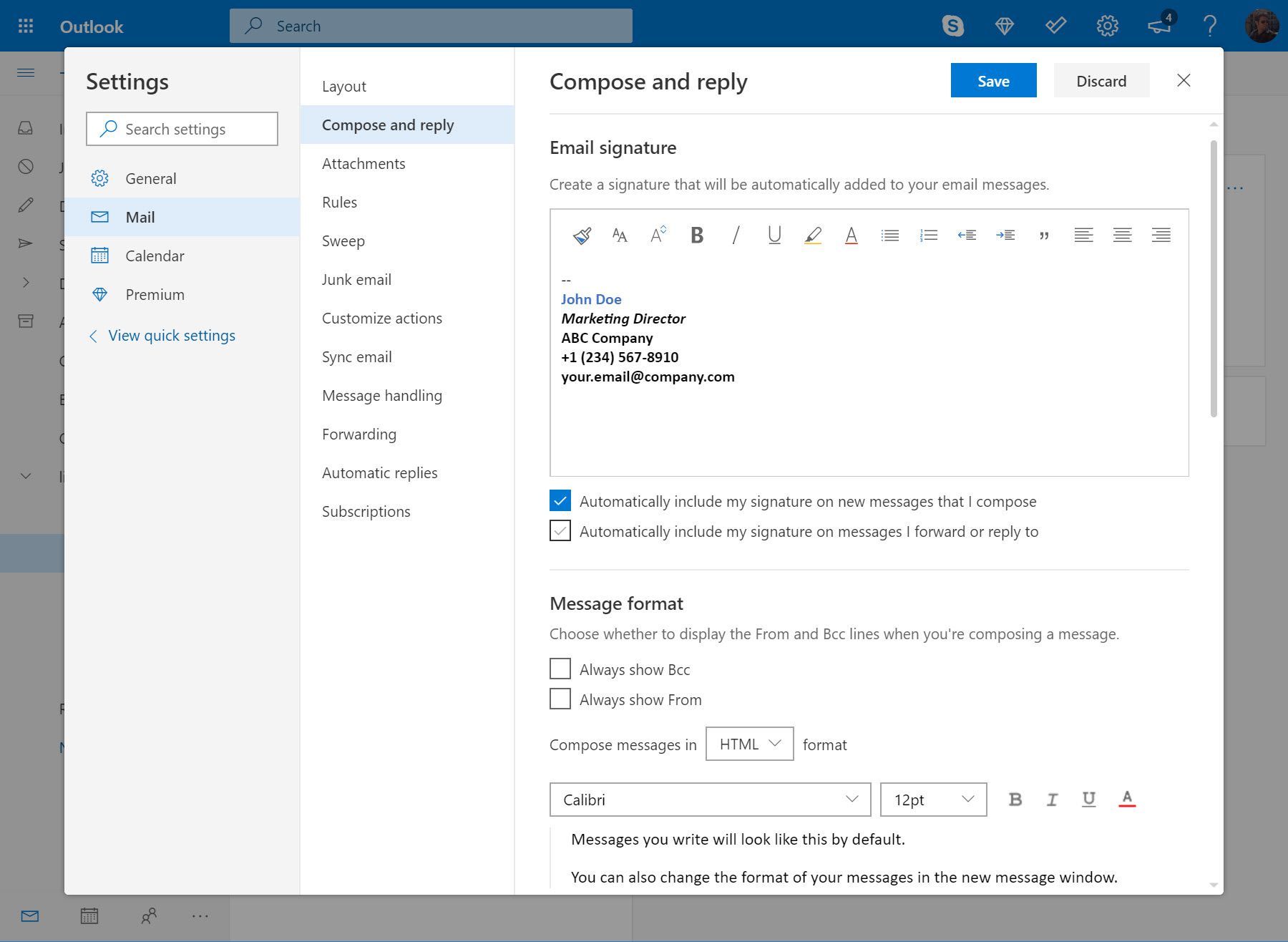Outlook.com выбирает, когда подписи должны применяться автоматически