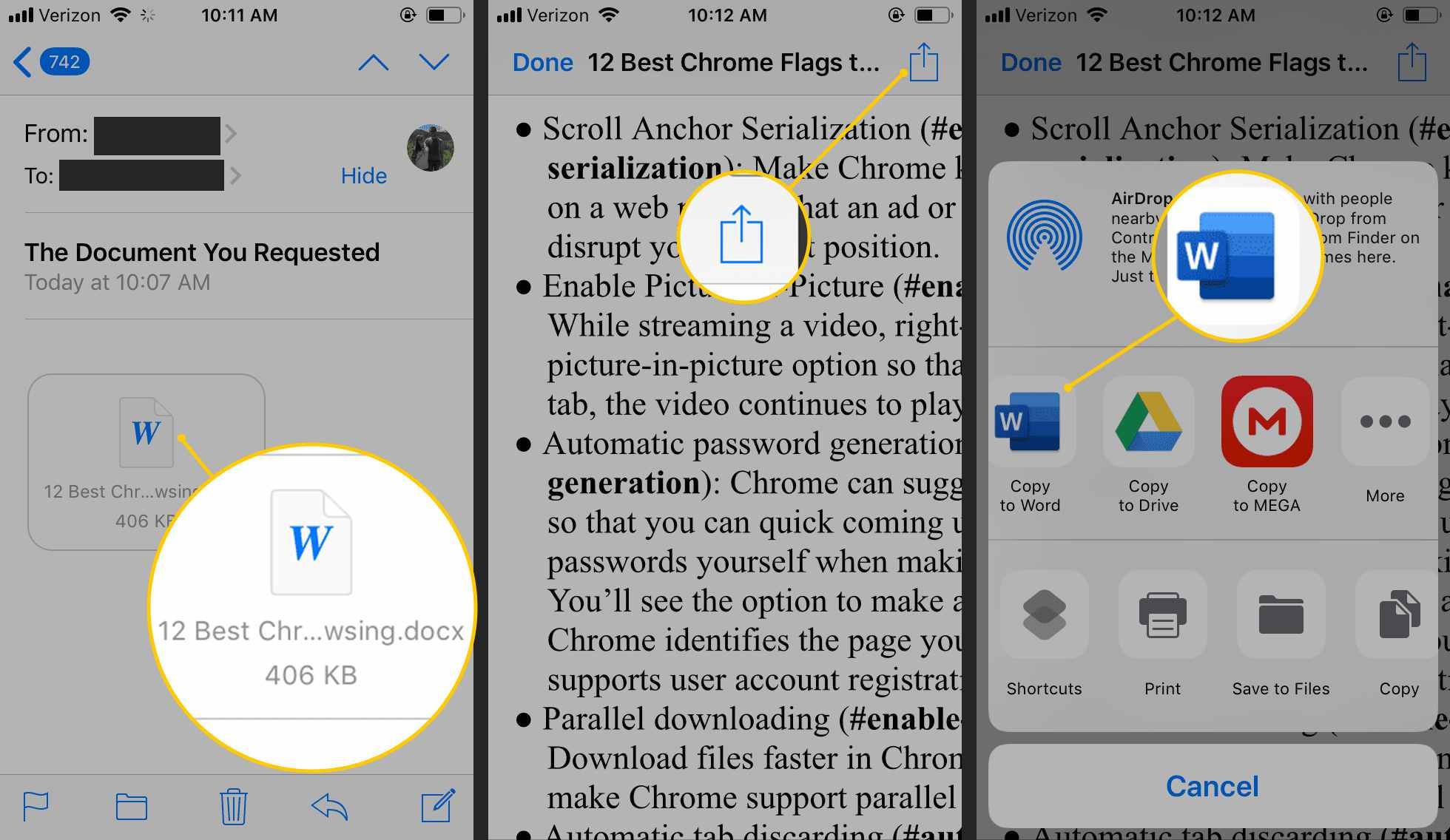 Три экрана iOS с вложением, кнопкой «Поделиться» и опцией «Копировать в Word»