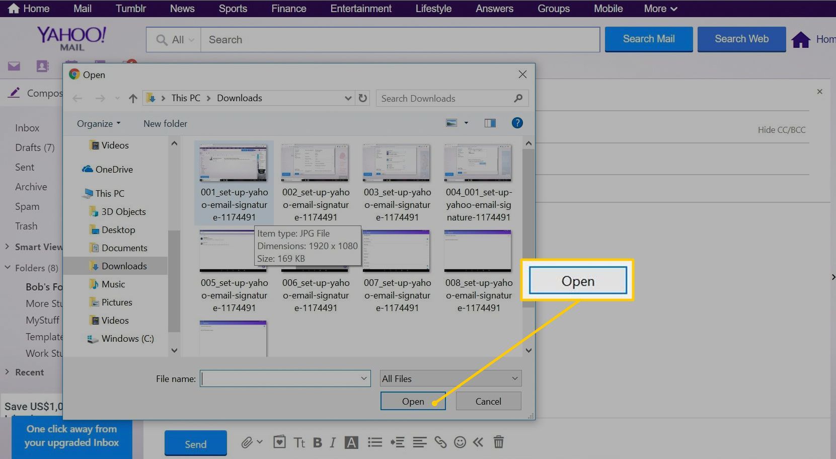 Кнопка «Открыть» в диалоге вложений Yahoo Mail