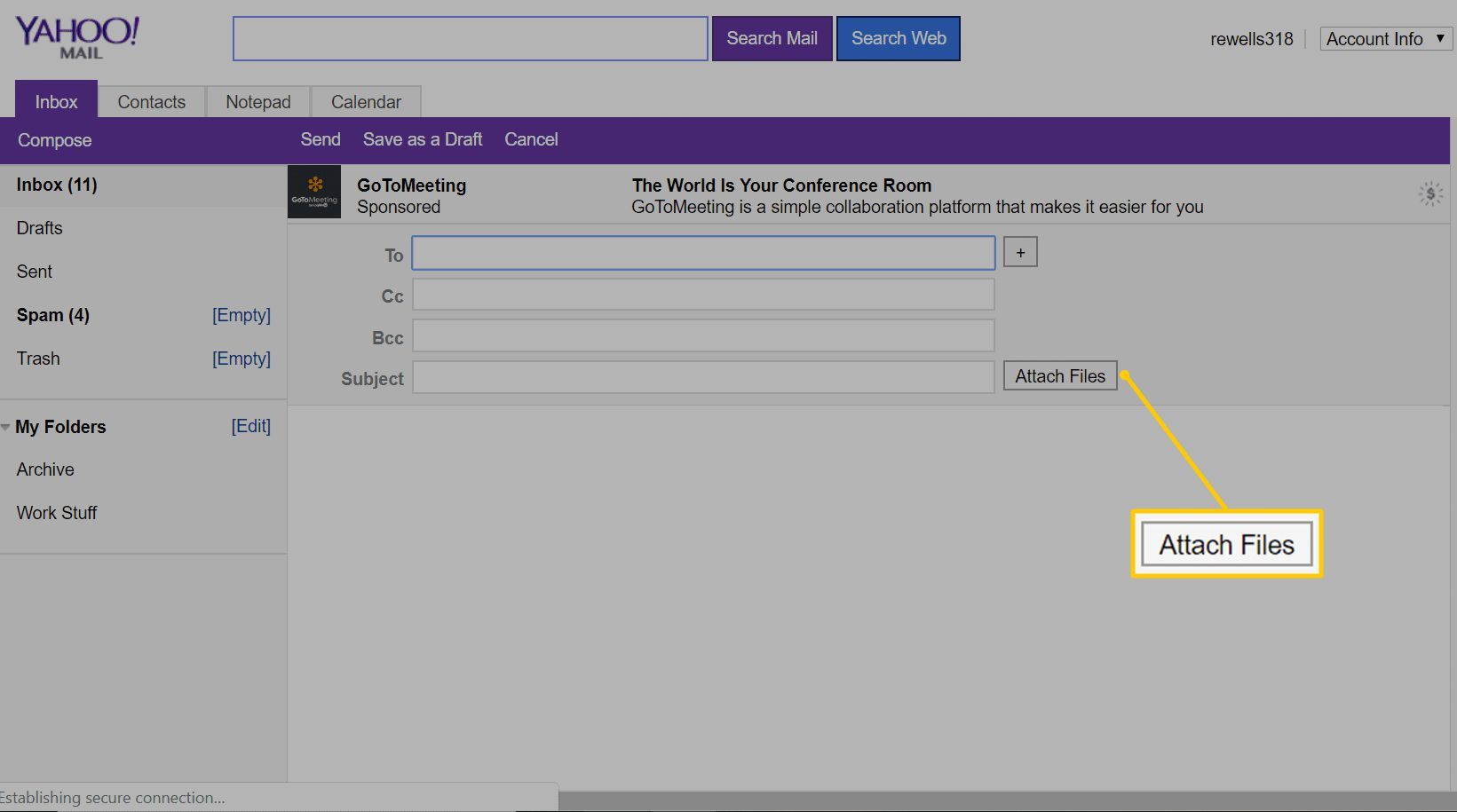 Кнопка прикрепить файлы в Yahoo Mail