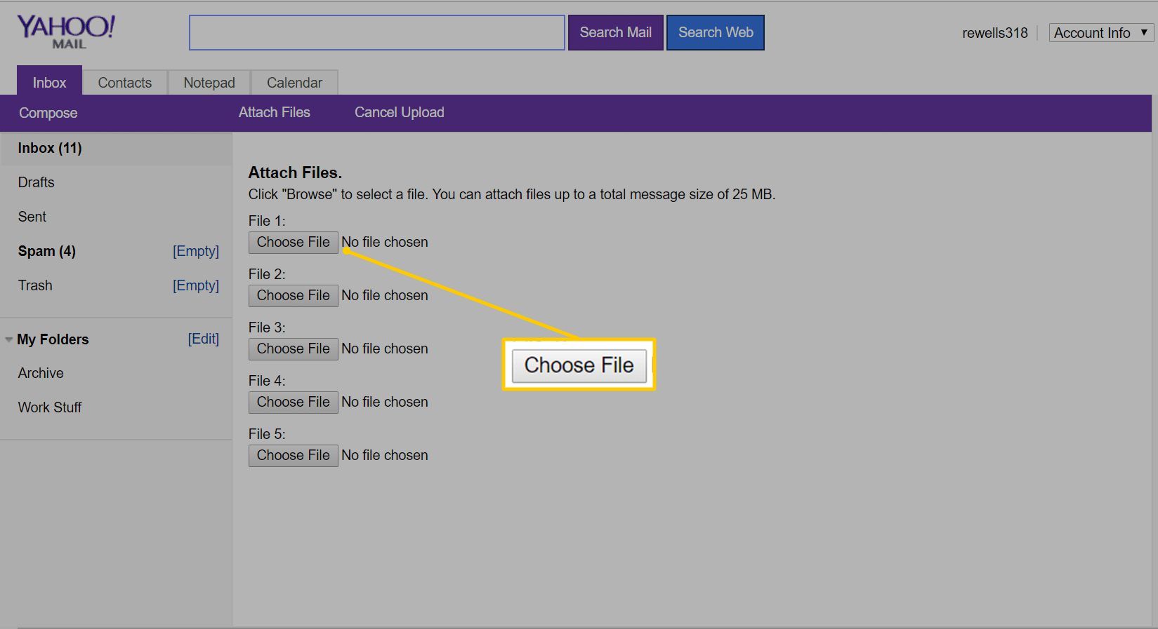Кнопка «Файл» в Почте Yahoo