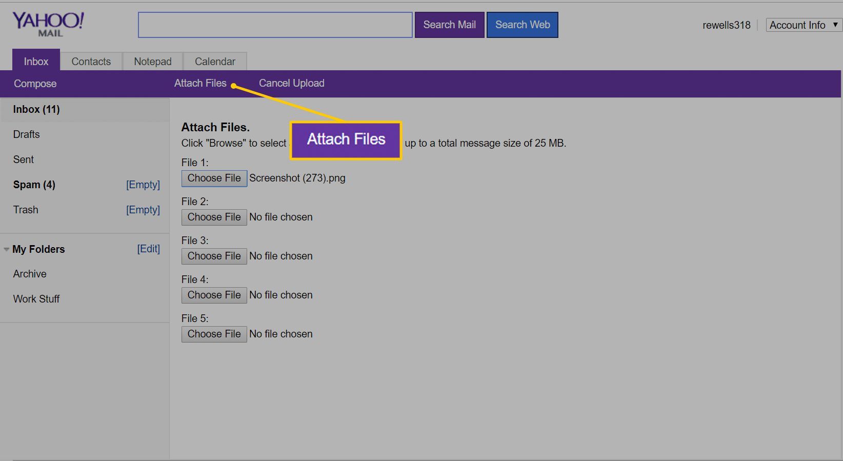 Кнопка Присоединить файлы в Yahoo Mail