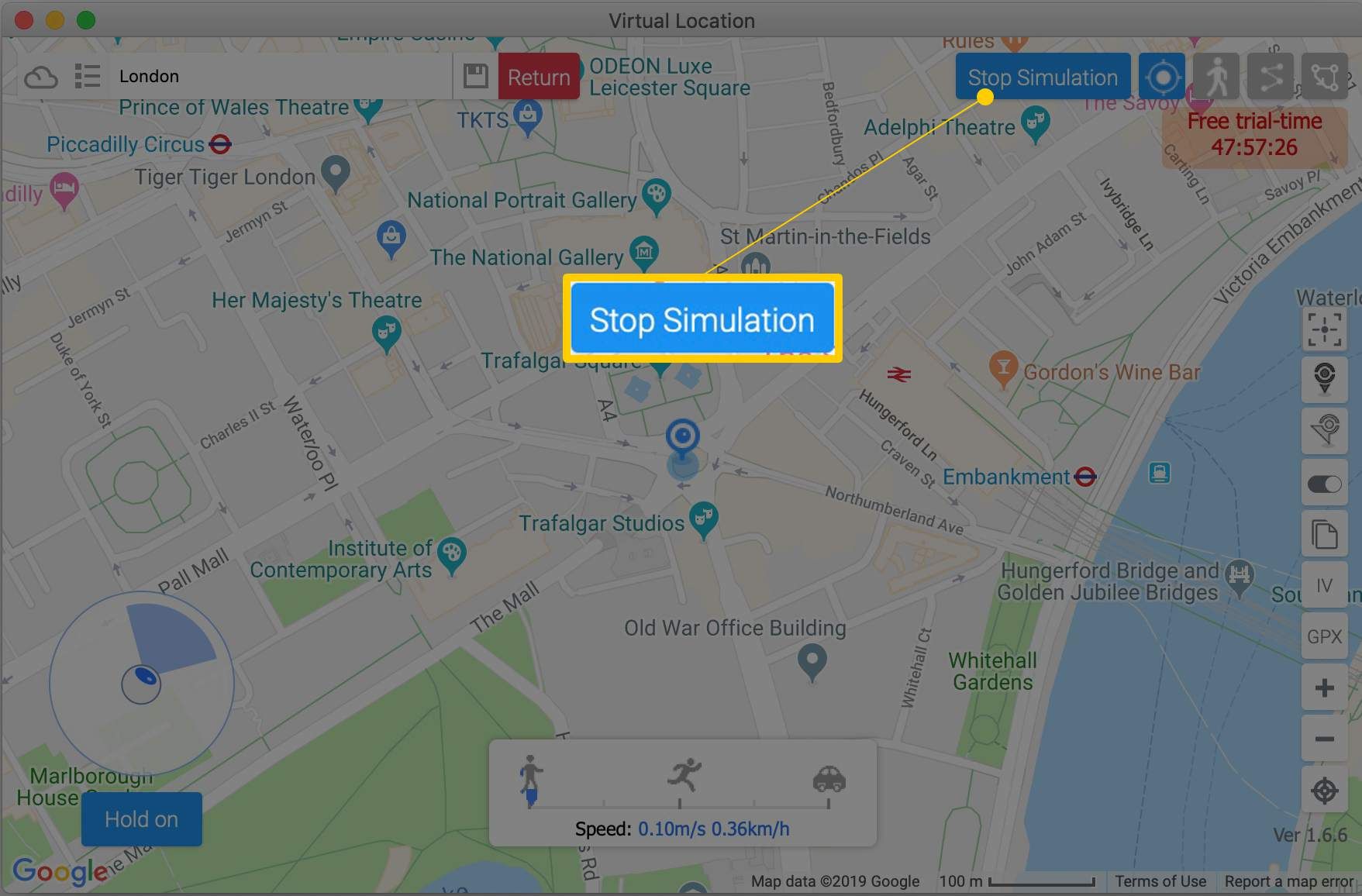 Кнопка Stop Simulation в окне виртуального расположения iTools